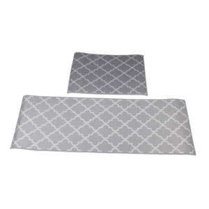 2Pcs Kitchen Mat set in gray polyester with a repeating white quatrefoil pattern, featuring two rectangular sizes.
