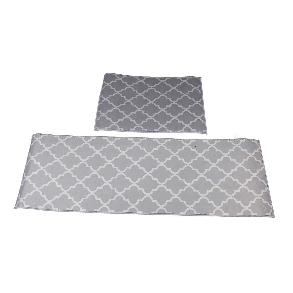 2Pcs Kitchen Mat set in gray polyester with a repeating white quatrefoil pattern, featuring two rectangular sizes.