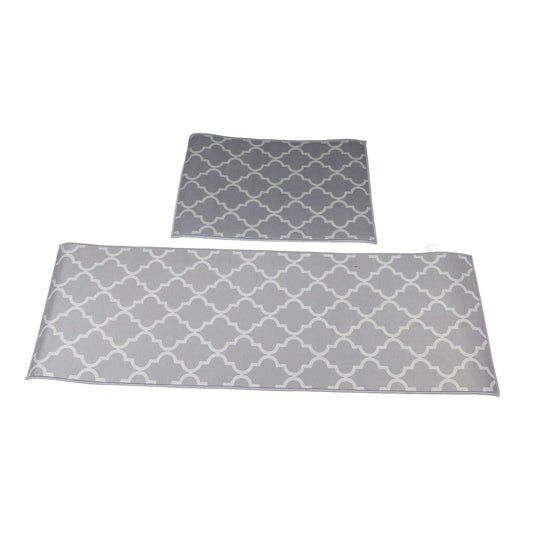 2Pcs Kitchen Mat set in gray polyester with a repeating white quatrefoil pattern, featuring two rectangular sizes.