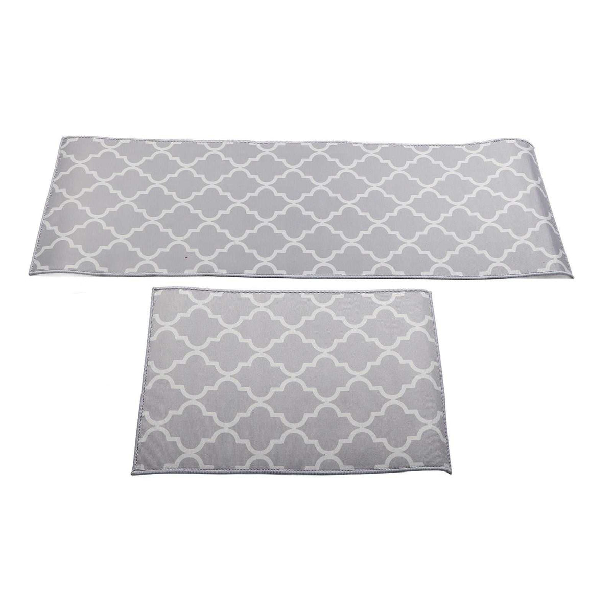2Pcs Kitchen Mat set in grey polyester with a white interlocking geometric pattern, featuring two rectangular sizes