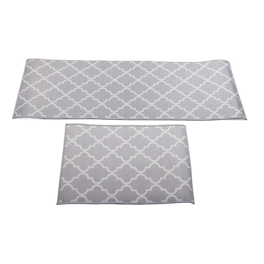 2Pcs Kitchen Mat set in grey polyester with a white interlocking geometric pattern, featuring two rectangular sizes