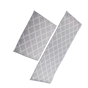 2Pcs Kitchen Mat set in grey polyester with a white geometric trellis pattern, featuring one short and one long rug