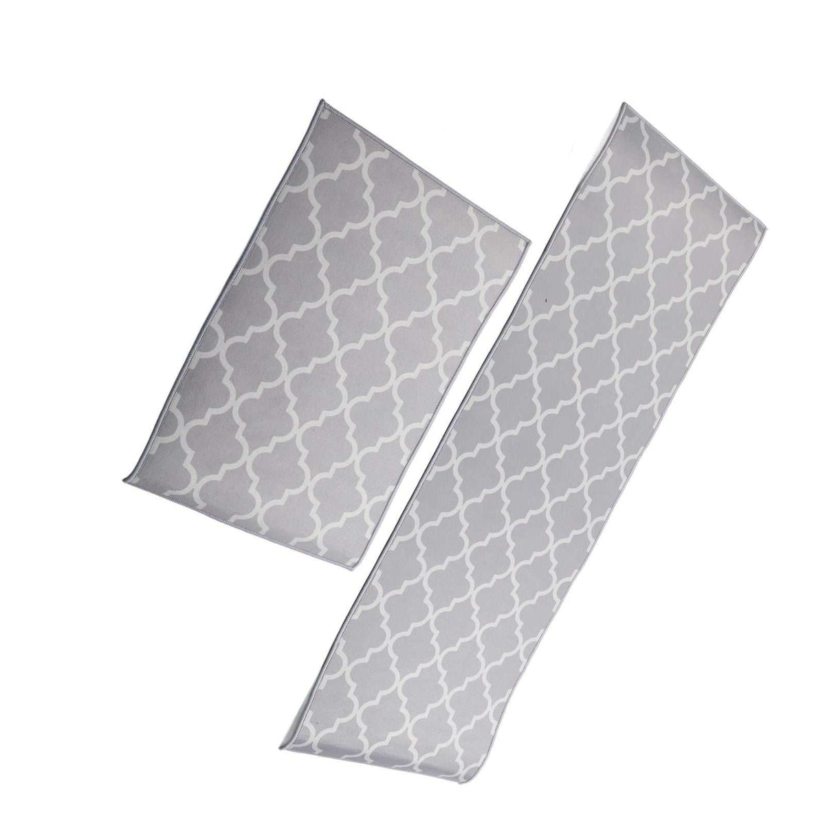 2Pcs Kitchen Mat set in grey polyester with a white geometric trellis pattern, featuring one short and one long rug