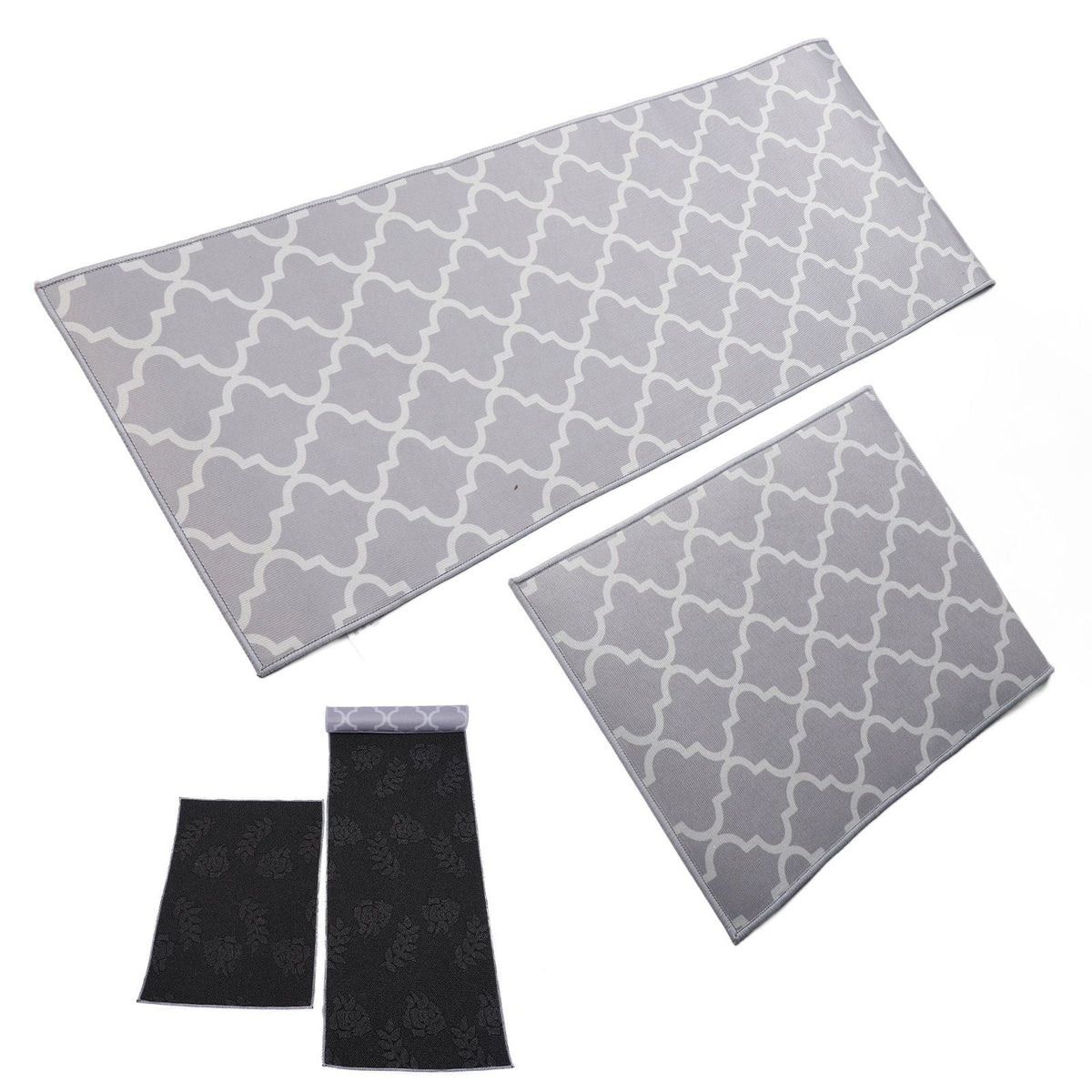 2Pcs Kitchen Mat set in grey polyester with a white interlocking pattern, featuring two sizes and dark backing