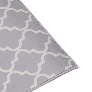 2Pcs Kitchen Mat in grey polyester with a cream geometric quatrefoil pattern and neatly bound edges