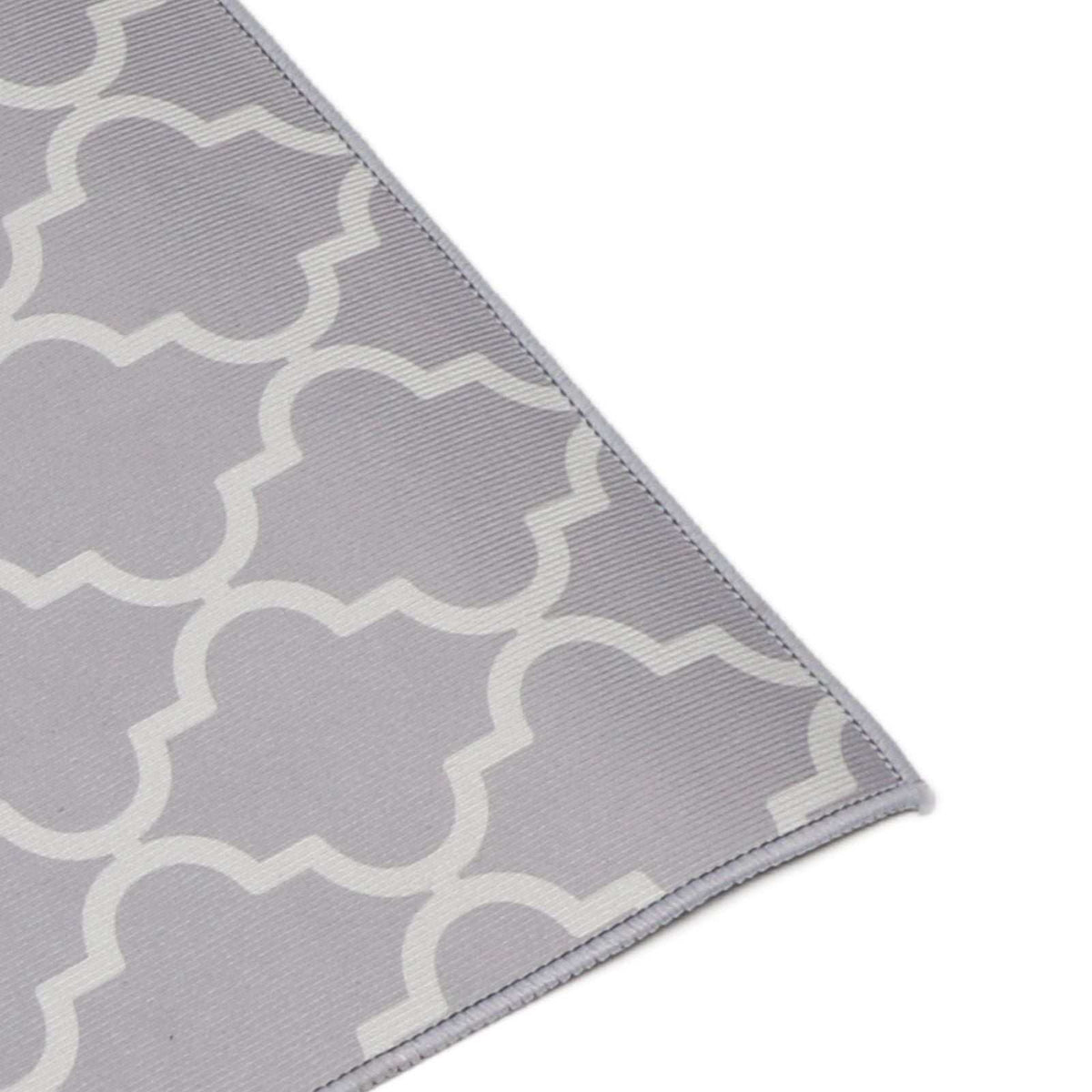 2Pcs Kitchen Mat in grey polyester with a cream geometric quatrefoil pattern and neatly bound edges