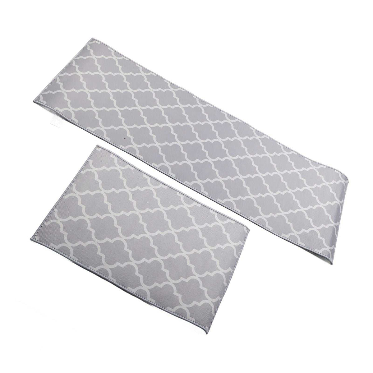 2Pcs Kitchen Mat set in grey polyester with a white repeating quatrefoil pattern, featuring one long and one rectangular rug
