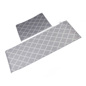 2Pcs Kitchen Mat set in grey polyester with a white repeating quatrefoil pattern, including one long and one small rug