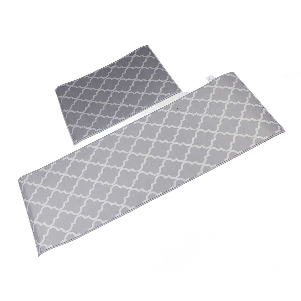 2Pcs Kitchen Mat set in grey polyester with a white repeating quatrefoil pattern, including one long and one small rug