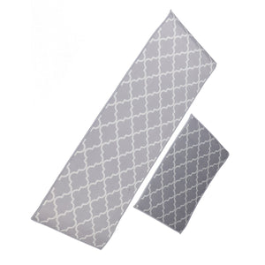 2Pcs Kitchen Mat set in light and dark grey polyester, with a repeating white quatrefoil pattern and two sizes