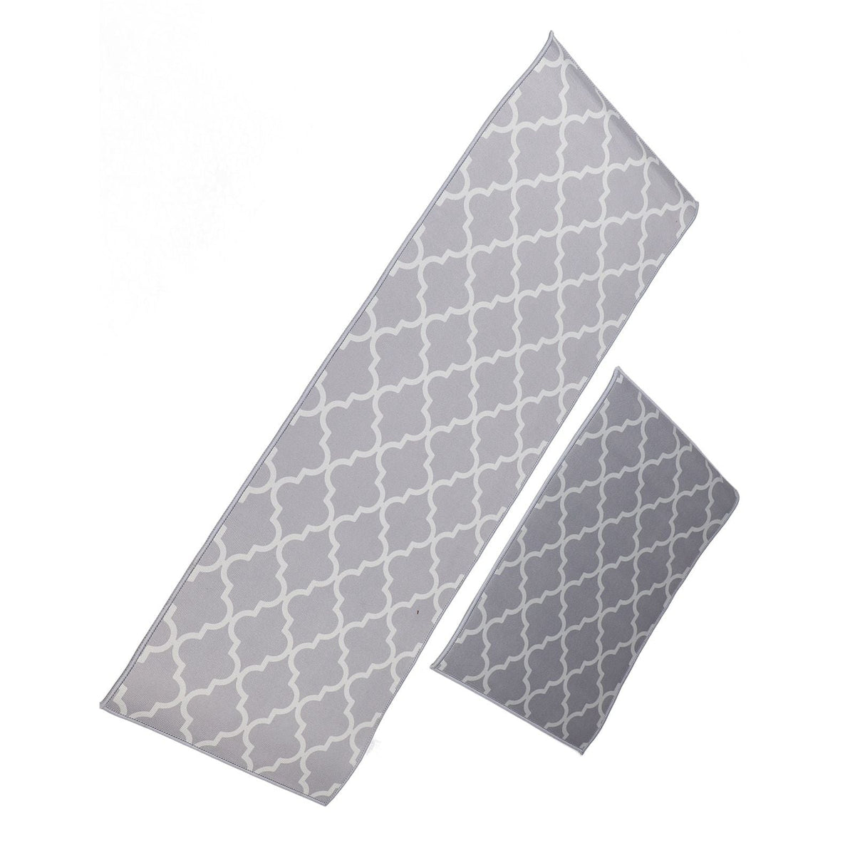 2Pcs Kitchen Mat set in light and dark grey polyester, with a repeating white quatrefoil pattern and two sizes
