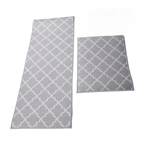 2Pcs Kitchen Mat set in grey polyester with a white interlocking trellis pattern, including two rectangular sizes