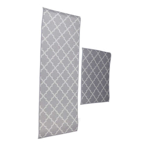 2Pcs Kitchen Mat set in grey polyester with a white trellis pattern, featuring one long runner and one smaller mat