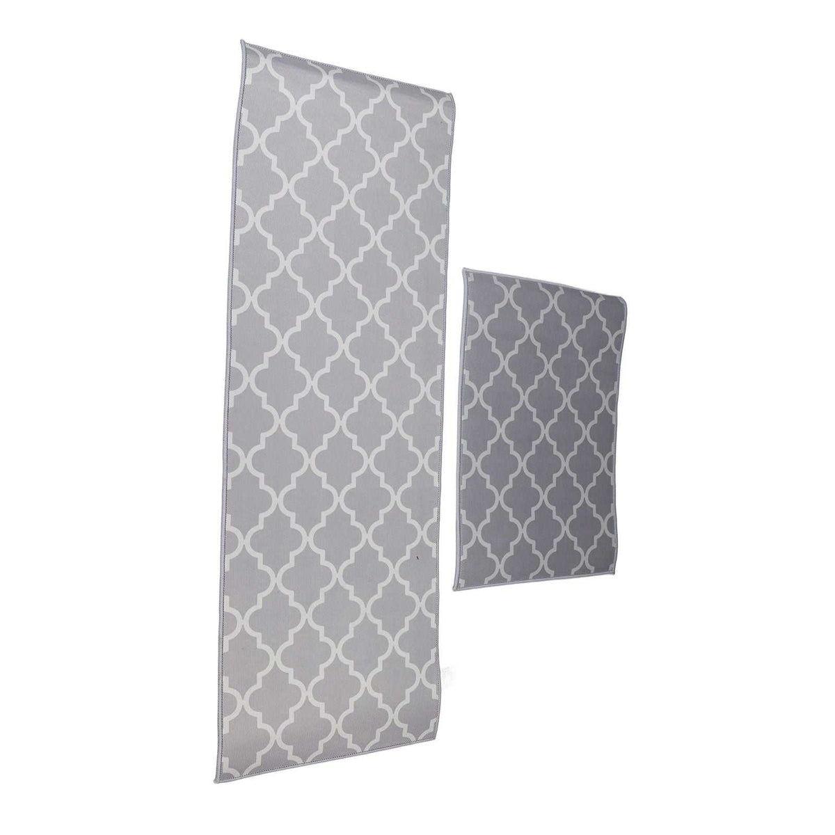 2Pcs Kitchen Mat set in grey polyester with a white trellis pattern, featuring one long runner and one smaller mat