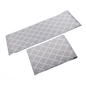 2Pcs Kitchen Mat set in grey polyester with a white trellis pattern, featuring one long runner and one rectangular rug