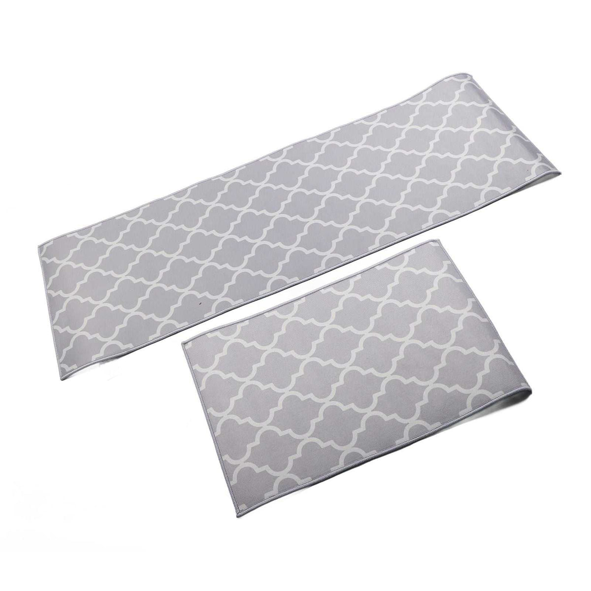 2Pcs Kitchen Mat set in grey polyester with a white trellis pattern, featuring one long runner and one rectangular rug