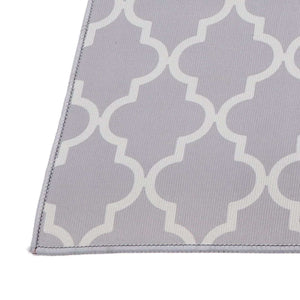 2Pcs Kitchen Mat in grey polyester with a repeating white quatrefoil pattern and neatly stitched edges