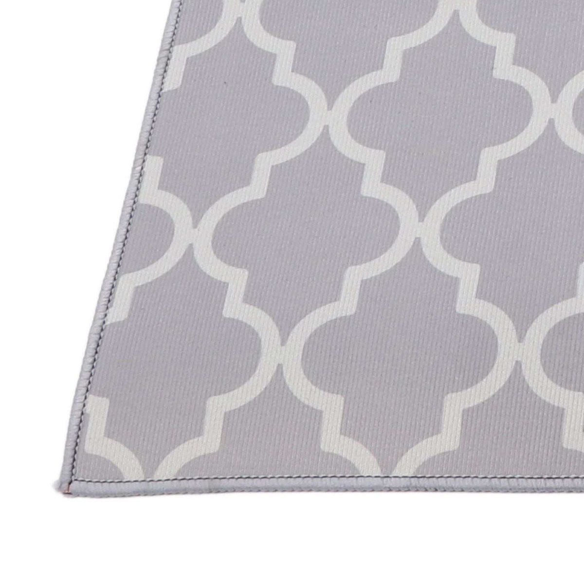 2Pcs Kitchen Mat in grey polyester with a repeating white quatrefoil pattern and neatly stitched edges