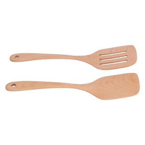 2Pcs Kitchen Turner Spatula Set in light natural beech wood, with one slotted turner and one solid spatula featuring hanging holes