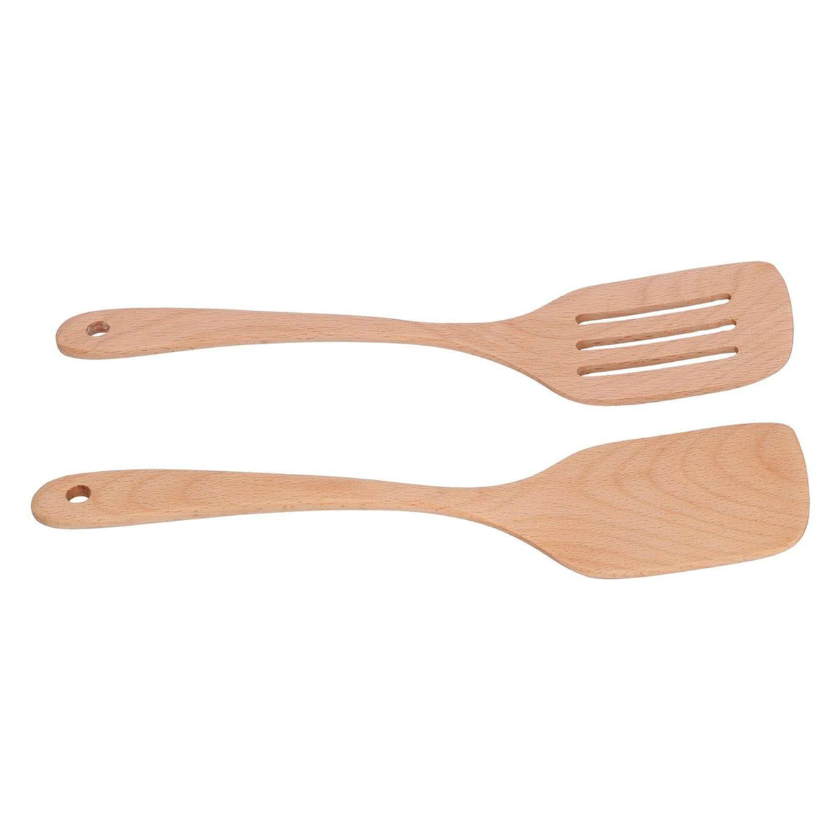 2Pcs Kitchen Turner Spatula Set in light natural beech wood, with one slotted turner and one solid spatula featuring hanging holes