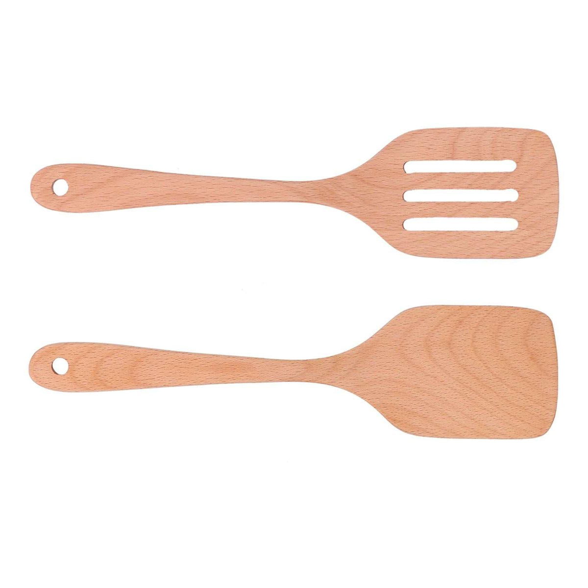 2Pcs Kitchen Turner Spatula Set in light natural beech wood, with one slotted turner and one solid spatula, both with hanging holes
