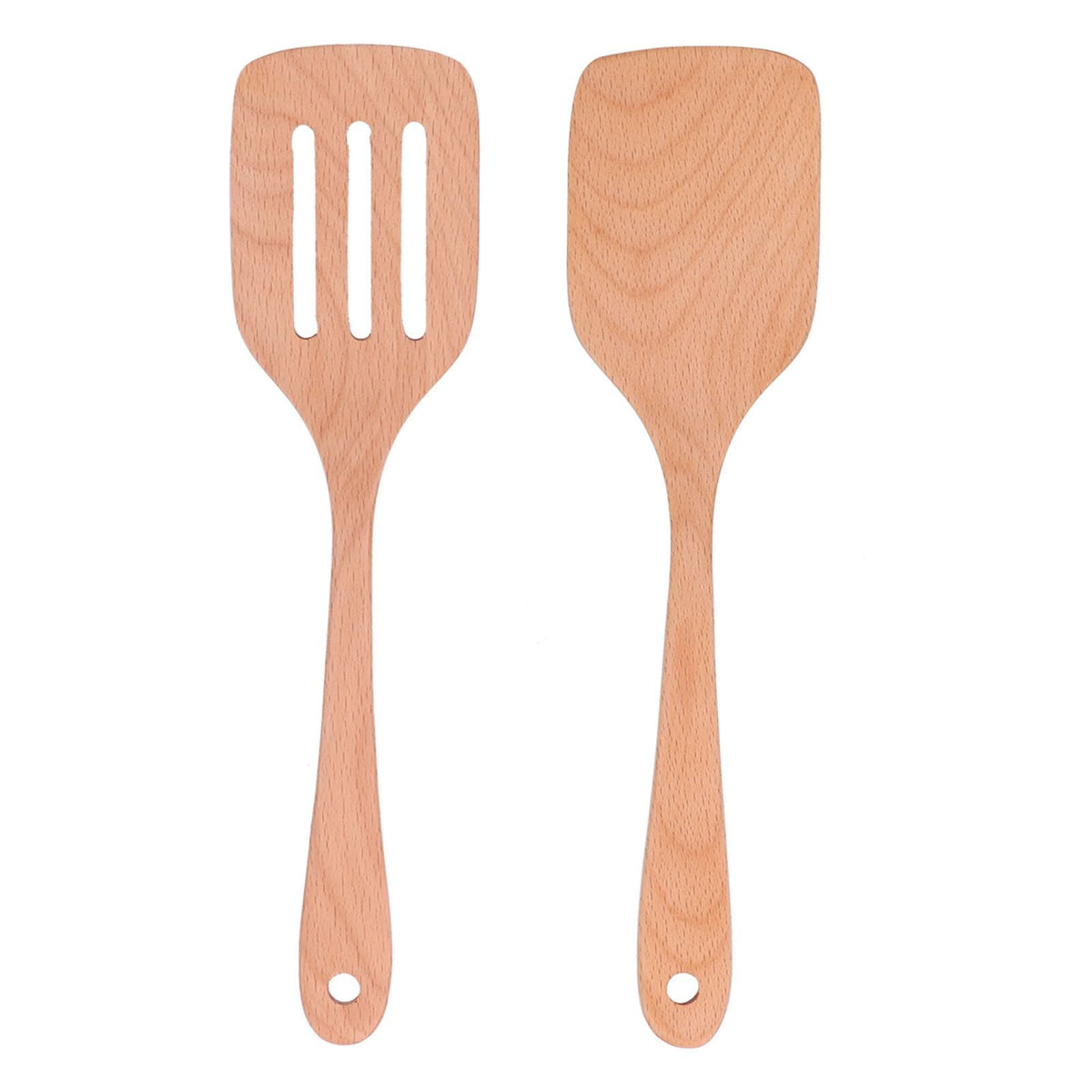 2Pcs Kitchen Turner Spatula Set in light natural beech wood, with one slotted turner and one solid spatula, each with a hanging hole