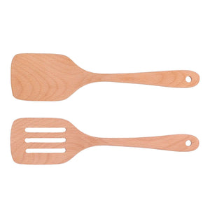 2Pcs Kitchen Turner Spatula Set in natural light beech wood, with one solid spatula and one slotted turner, both with hanging holes