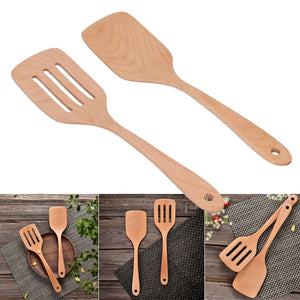 2Pcs Kitchen Turner Spatula Set in light natural beech wood, with one solid spatula and one slotted turner, both with hanging holes