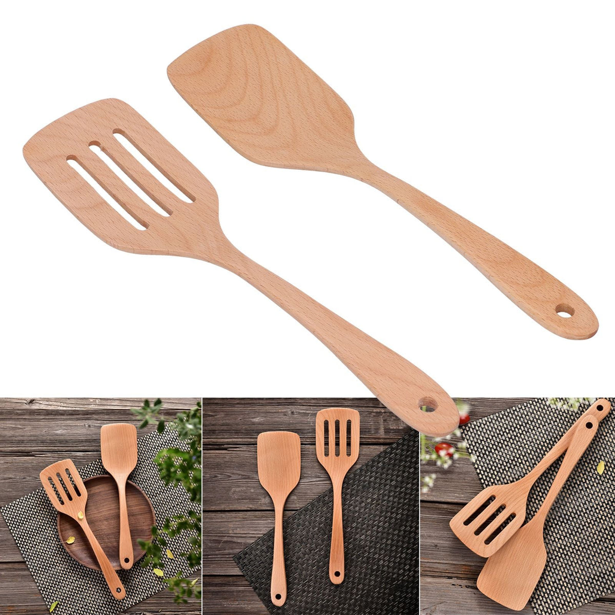 2Pcs Kitchen Turner Spatula Set in light natural beech wood, with one solid spatula and one slotted turner, both with hanging holes