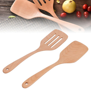 2Pcs Kitchen Turner Spatula Set with two light natural beech wood utensils, including a slotted turner and solid spatula