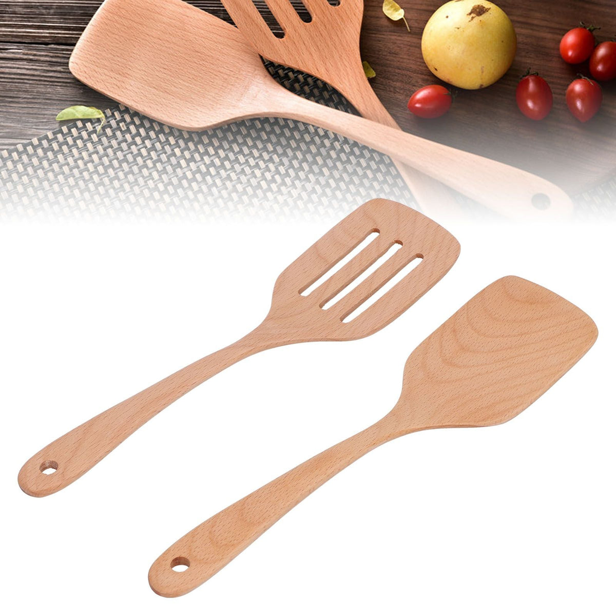 2Pcs Kitchen Turner Spatula Set with two light natural beech wood utensils, including a slotted turner and solid spatula