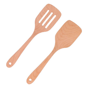 2Pcs Kitchen Turner Spatula Set in natural beech wood, featuring one slotted turner and one solid spatula with hanging holes