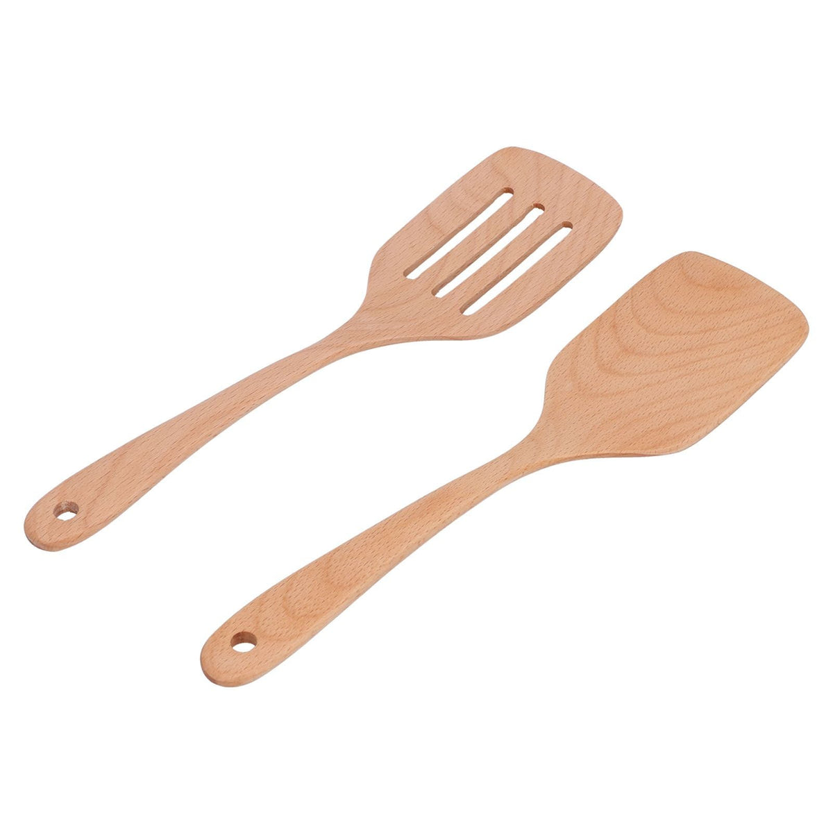 2Pcs Kitchen Turner Spatula Set in light natural wood, with one solid spatula and one slotted turner, each with a hanging hole