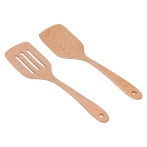 2Pcs Kitchen Turner Spatula Set with two light natural wood utensils, including a slotted turner and solid spatula with hanging holes