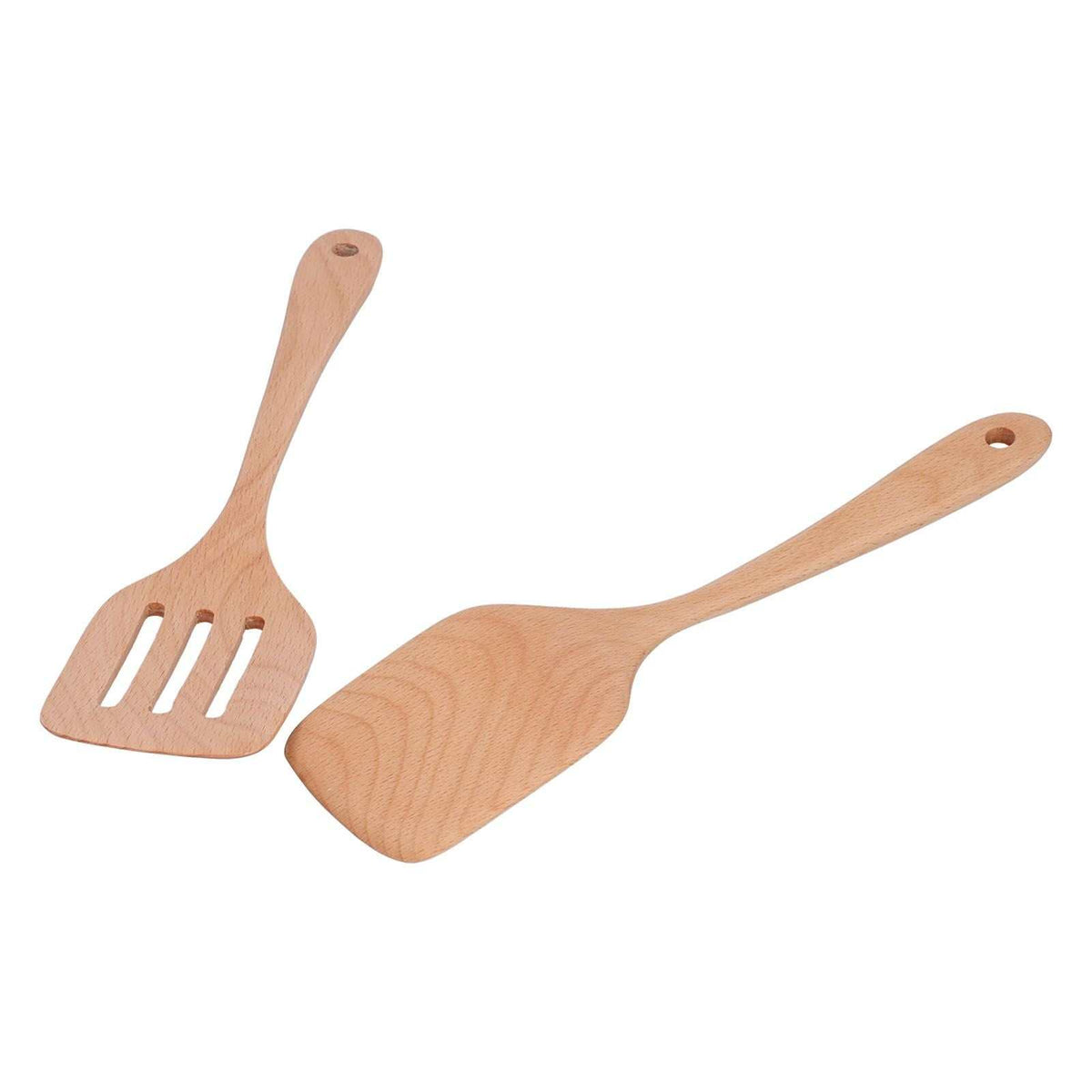 2Pcs Kitchen Turner Spatula Set in natural light brown wood, with one solid spatula and one slotted turner with hanging holes