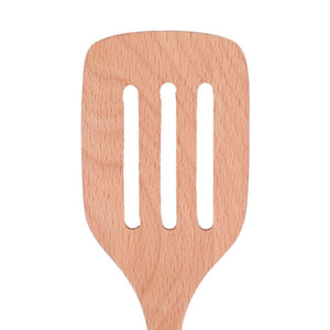 2Pcs Kitchen Turner Spatula Set with a light natural wood slotted turner, featuring three long openings and a smooth finish