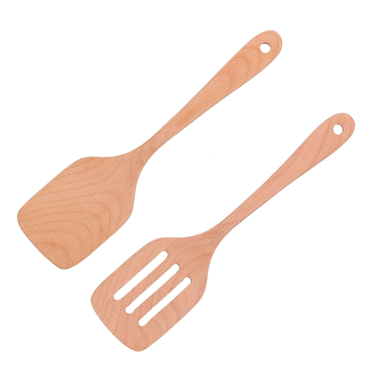 2Pcs Kitchen Turner Spatula Set in natural light brown wood, with one solid spatula and one slotted turner, both with hanging holes