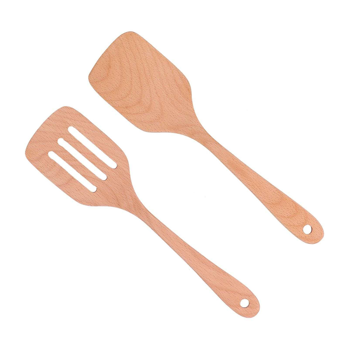 2Pcs Kitchen Turner Spatula Set in natural light brown wood, with one solid spatula and one slotted turner