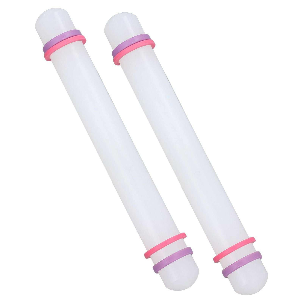 2Pcs Plastic Rolling Pin set in translucent white plastic with pink and purple ring accents and rounded ends