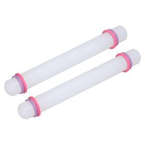 2Pcs Plastic Rolling Pin set in white plastic with pink and purple end rings and rounded handles