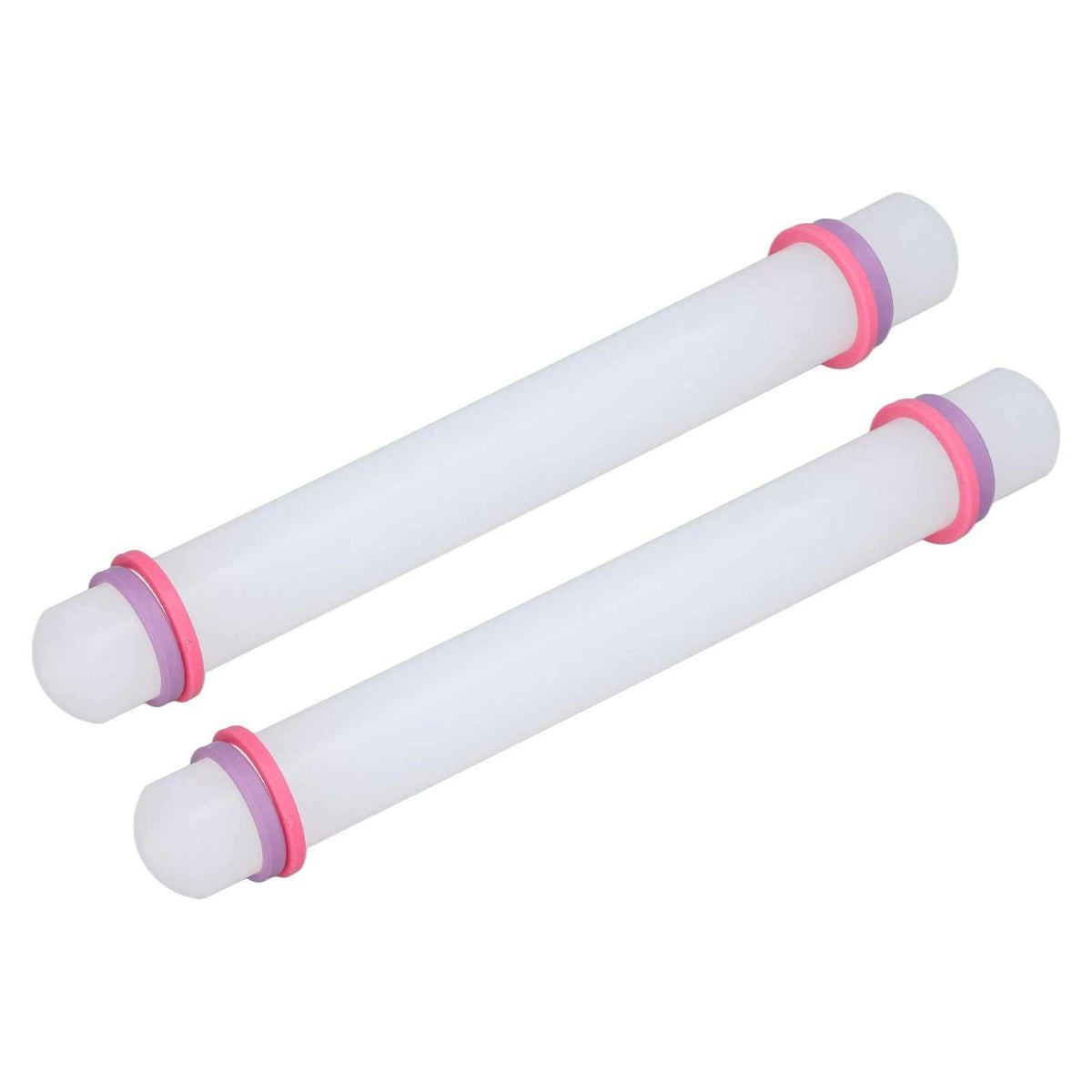 2Pcs Plastic Rolling Pin set in white plastic with pink and purple end rings and rounded handles
