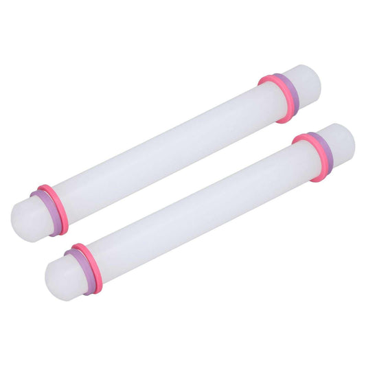 2Pcs Plastic Rolling Pin set in white plastic with pink and purple end rings and rounded handles