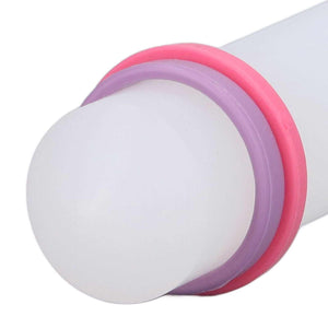 2Pcs Plastic Rolling Pin set with white bodies and rounded ends in pink and purple, smooth plastic construction