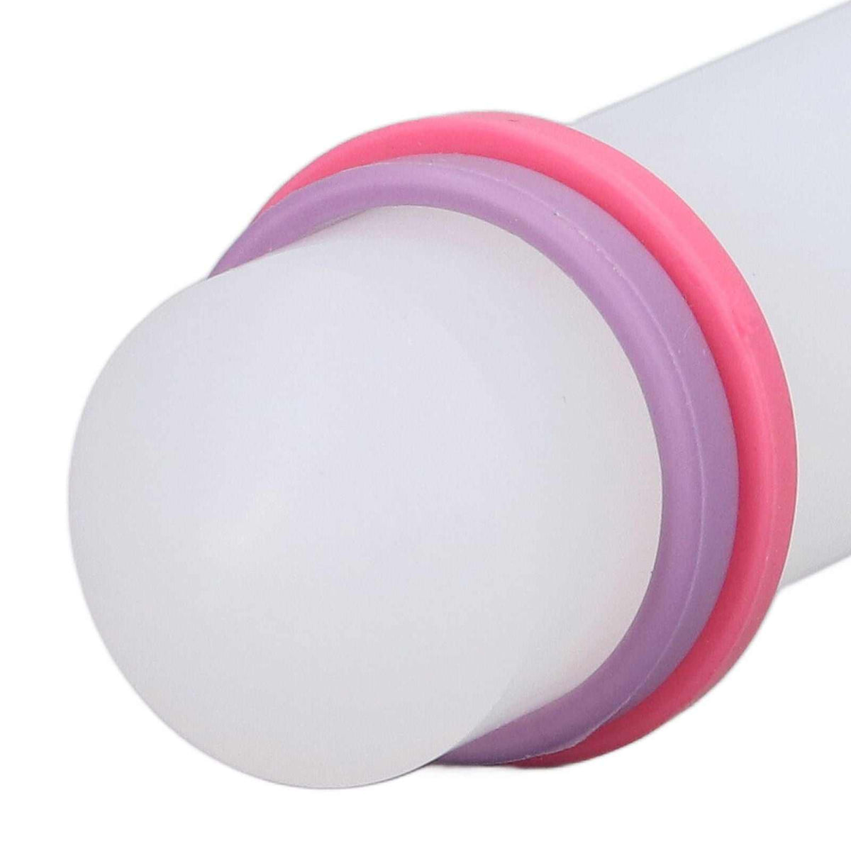 2Pcs Plastic Rolling Pin set with white bodies and rounded ends in pink and purple, smooth plastic construction