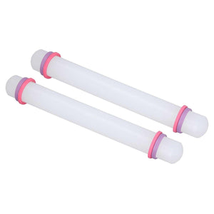 2Pcs Plastic Rolling Pin set in white plastic with rounded ends and pink-purple rings for smooth dough rolling