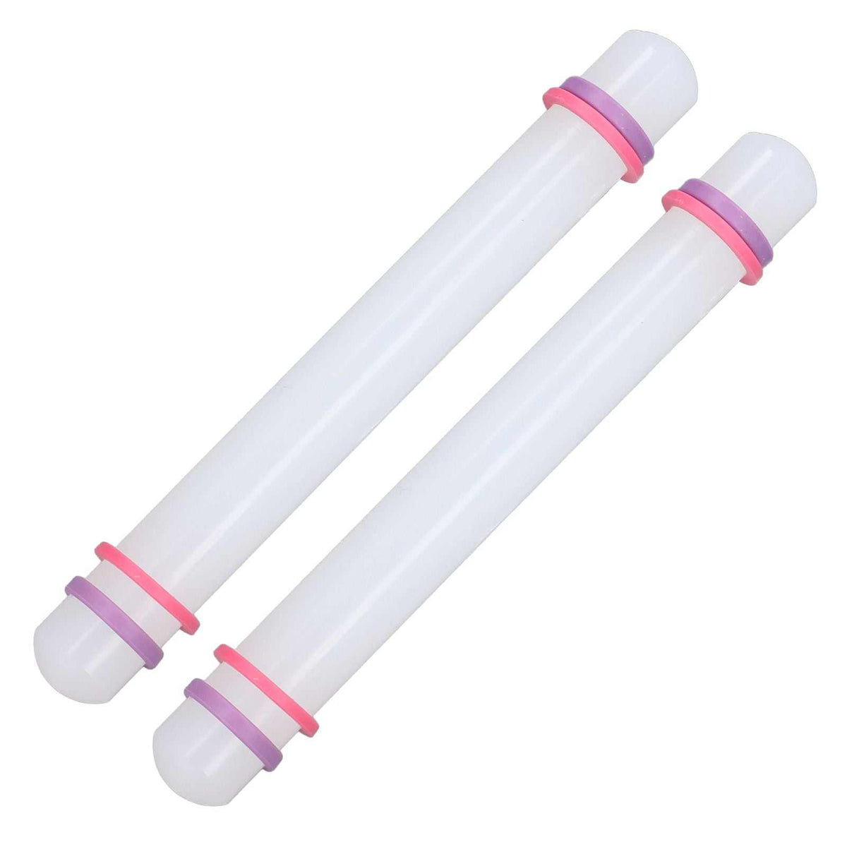 2Pcs Plastic Rolling Pin set with two white smooth cylinders and rounded ends accented by pink and purple rings