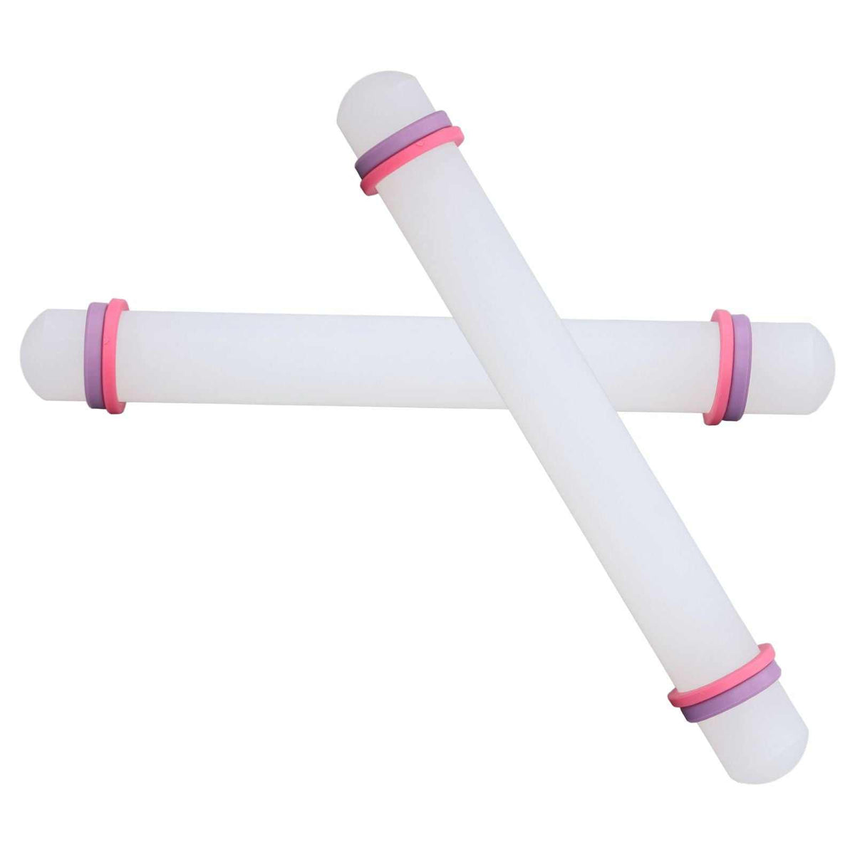 2Pcs Plastic Rolling Pin set in white plastic with pink and purple end rings and rounded ends, crossed together