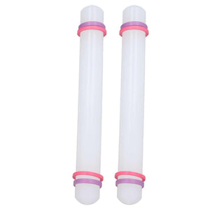 2Pcs Plastic Rolling Pin set with two slim white plastic rollers and bright pink rings near the rounded ends