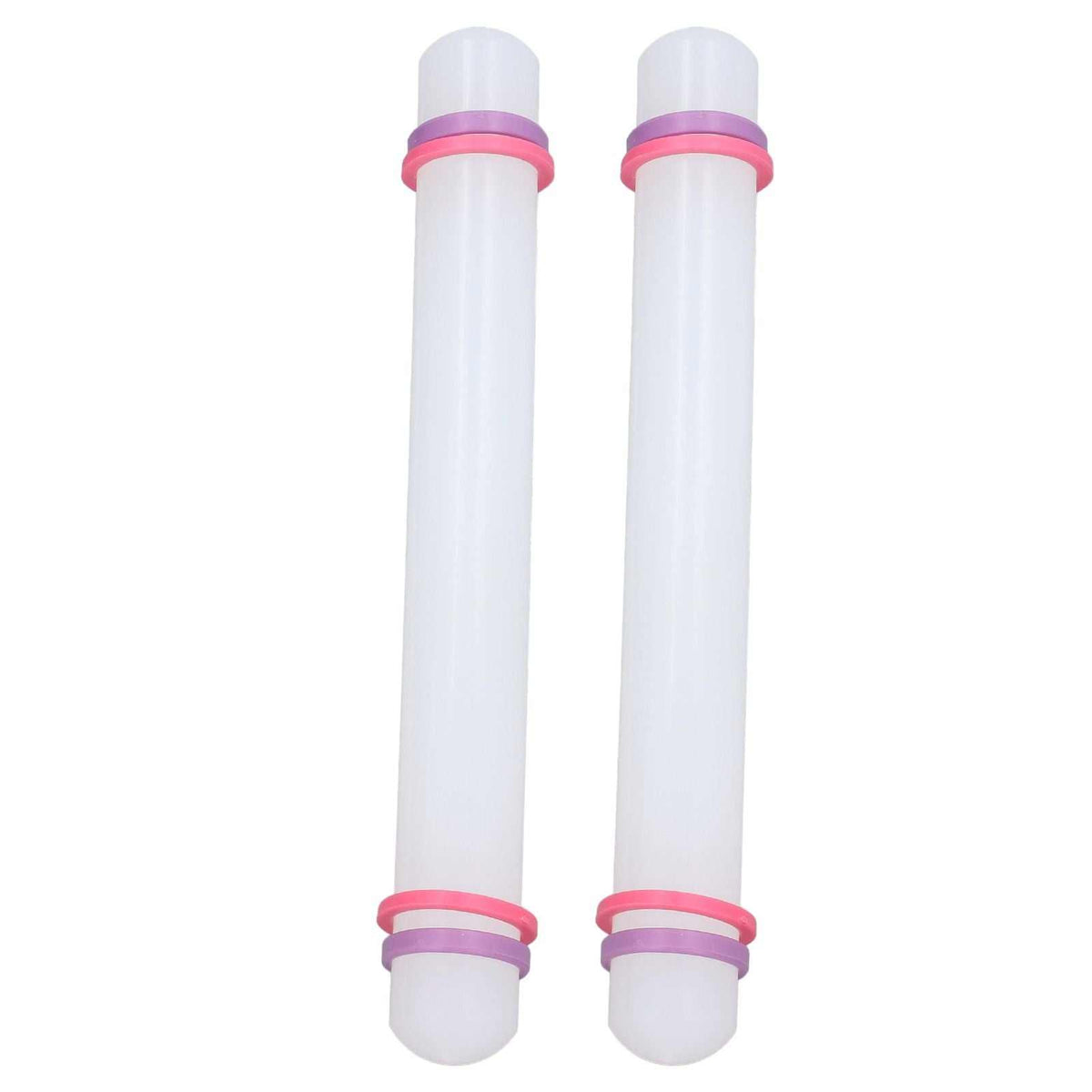 2Pcs Plastic Rolling Pin set with two slim white plastic rollers and bright pink rings near the rounded ends