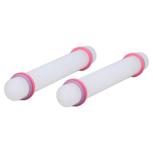 2Pcs Plastic Rolling Pin pair in white plastic with pink rings, cylindrical barrels and rounded end handles